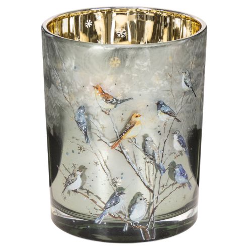 Kerzenglas aus Glas, Winterdesign mit Vögeln, gold glänzend, Höhe 12 cm, für Innenbereich