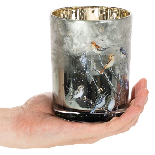 Kerzenglas aus Glas, Winterdesign mit Vögeln, gold glänzend, Höhe 12 cm, für Innenbereich | Floristik24.ch