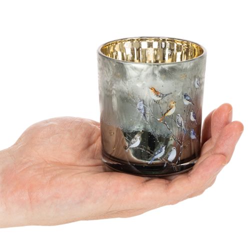 Windlicht aus Glas mit Vogel- und Schneeflockenmotiv in Gold 8 cm, 2er-Set | Floristik24.ch