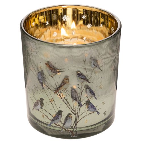 Windlicht aus Glas mit Vogel- und Schneeflockenmotiv in Gold 8 cm, 2er-Set | Floristik24.ch