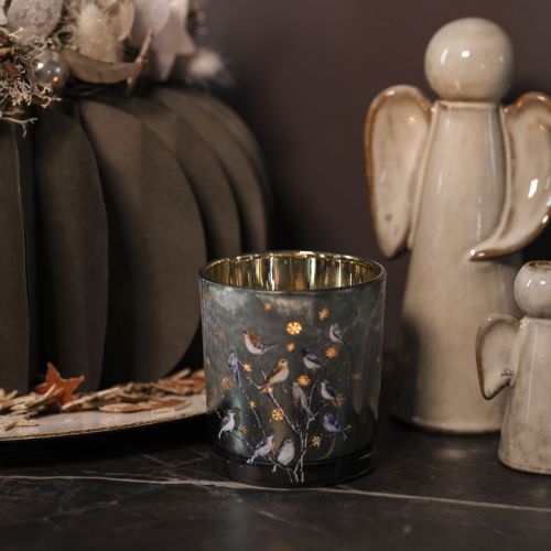 Windlicht aus Glas mit Vogel- und Schneeflockenmotiv in Gold 8 cm, 2er-Set | Floristik24.ch