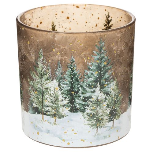 Teelichthalter Glas mit Tannenwald-Motiv 15cm