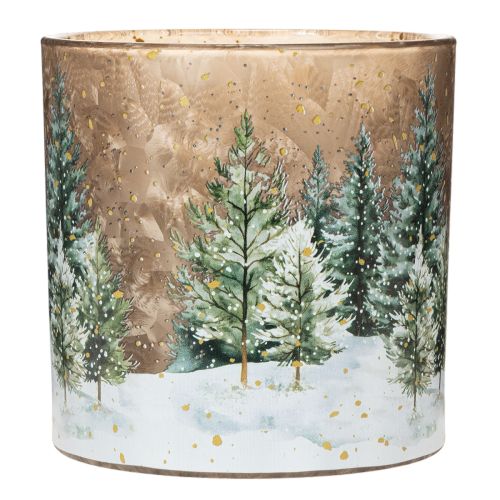 Teelichthalter Glas mit Tannenwald-Motiv 15cm | Floristik24.ch