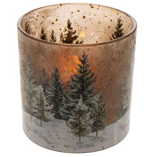 Teelichthalter Glas mit Tannenwald-Motiv 15cm | Floristik24.ch