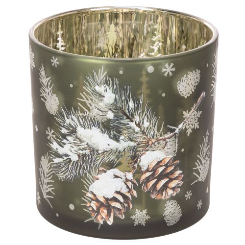 Windlicht Glas mit Tannenzapfen und Schneeflockenmotiv 15cm Grün-Gold