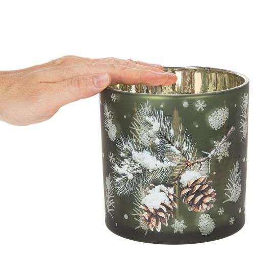 Windlicht Glas mit Tannenzapfen und Schneeflockenmotiv 15cm Grün-Gold | Floristik24.ch