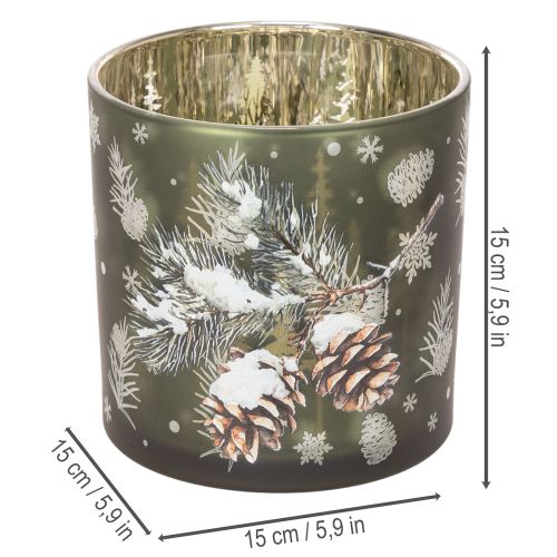 Windlicht Glas mit Tannenzapfen und Schneeflockenmotiv 15cm Grün-Gold | Floristik24.ch
