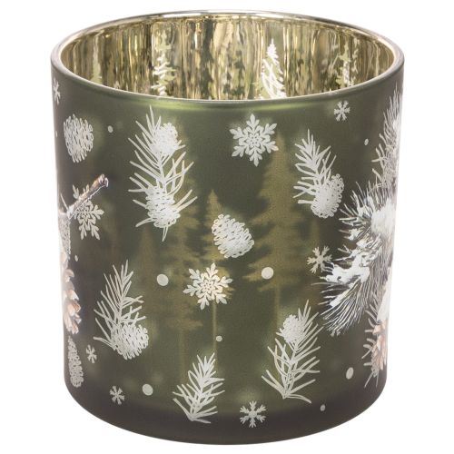 Windlicht Glas mit Tannenzapfen und Schneeflockenmotiv 15cm Grün-Gold | Floristik24.ch