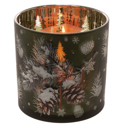 Windlicht Glas mit Tannenzapfen und Schneeflockenmotiv 15cm Grün-Gold | Floristik24.ch