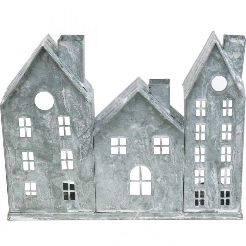 Floristik24 Fensterdeko Weihnachten, Windlicht, Diorama Hausreihe, Metalldeko Silbern Shabby Chic L20cm H20cm