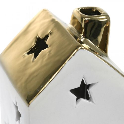 Floristik24 Windlicht Haus Keramik Lichthaus für Teelicht Weiß, Gold 10cm 3St