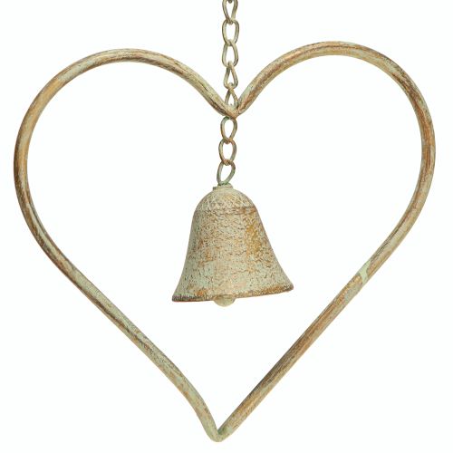 Floristik24 Windspiel Metall Herz mit Glocke Antik Grün Gold Rost 46cm