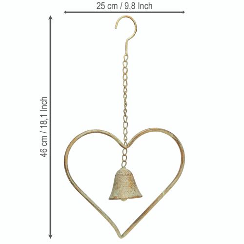 Floristik24 Windspiel Metall Herz mit Glocke Antik Grün Gold Rost 46cm