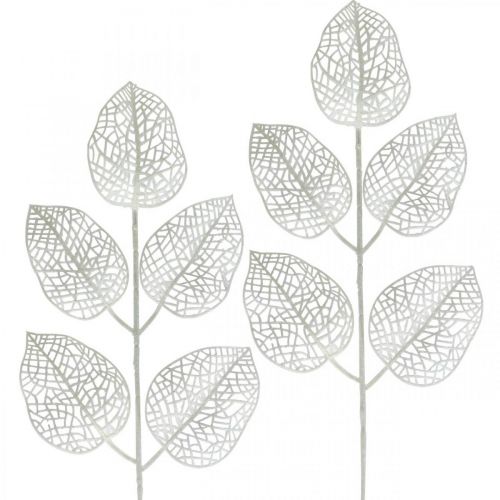 Winterdeko, Deko Blätter, Kunstzweig Weiß Glitter L36cm 10St
