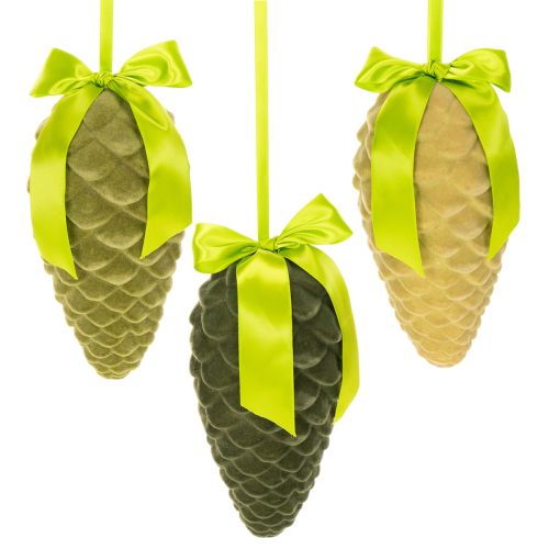 Künstliche Zapfen-Anhänger mit Geschenkband und Schleife 23cm Grün 3er Set
