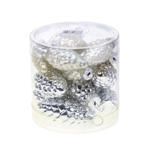Artikel Zapfen Mix aus Glas Silber 5cm 14St
