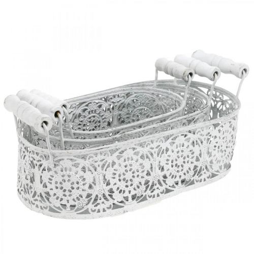 Artikel Schalen zum Bepflanzen, Dekotopf mit Spitzendekor, Metallgefäß mit Griffen, oval Weiß, Silbern Shabby Chic L25,5/20/15cm H7cm 3er-Set