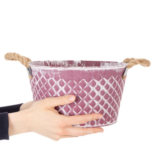 Zinkschale mit Rautenmuster und Seilgriffen Ø24,5cm H14cm Violett-Weiss | Floristik24.ch