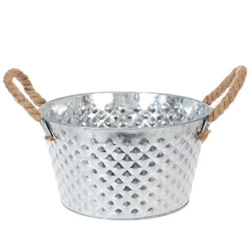 Zinkschale Rund Ø25cm H14cm Silber mit Seilgriffen für Dekoration