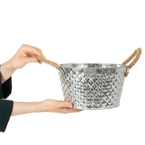 Zinkschale Rund Ø25cm H14cm Silber mit Seilgriffen für Dekoration | Floristik24.ch