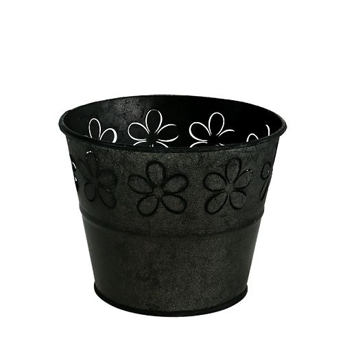 Floristik24 Zinktopf Schwarz mit Blüten Ø10cm H8cm