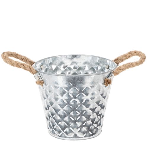 Zinktopf mit Seilgriffen, verzinkt, Ø14,5cm H13cm, Rautenmuster, Silber/Weiss