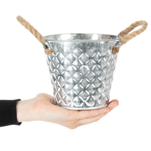 Zinktopf mit Seilgriffen, verzinkt, Ø14,5cm H13cm, Rautenmuster, Silber/Weiss | Floristik24.ch