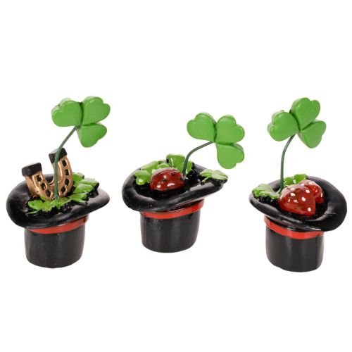 Glücksfiguren Kleeblatt und Käfer im Zylinder 7cm, 3er-Set, Kunststoff, Grün und Schwarz