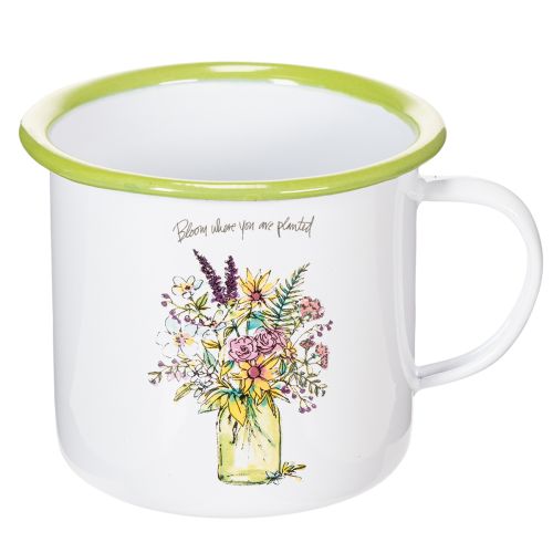 Deko Pflanztopf Tasse aus Metall, emailliert, Ø11,5cm, H10cm, weiss mit Blumenmotiv und Schriftzug | Floristik24.ch