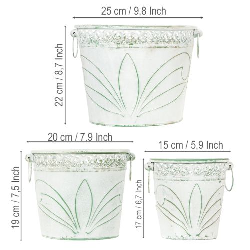 Blech-Pflanzkübel mit Prägung, Weiss-Grün, Shabby Chic, 3er-Set, H22/19,5/17,5cm Ø25,5/20,5/15,5cm | Floristik24.ch