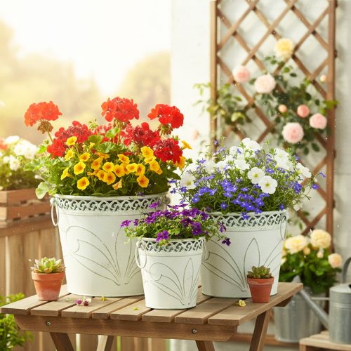 Blech-Pflanzkübel mit Prägung, Weiss-Grün, Shabby Chic, 3er-Set, H22/19,5/17,5cm Ø25,5/20,5/15,5cm | Floristik24.ch