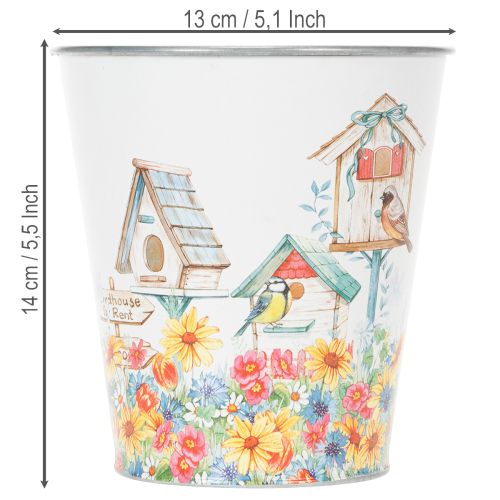 Blechtopf aus Metall mit Vogelhaus-Motiv, Pflanzgefäss 14,5 cm hoch, Ø 13,5 cm, bunt | Floristik24.ch