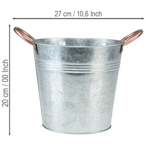 Metall-Blumentopf Eimer mit Griffen, Ø19cm H17cm, verzinkt, silberfarben mit kupferfarbenen Griffen | Floristik24.ch