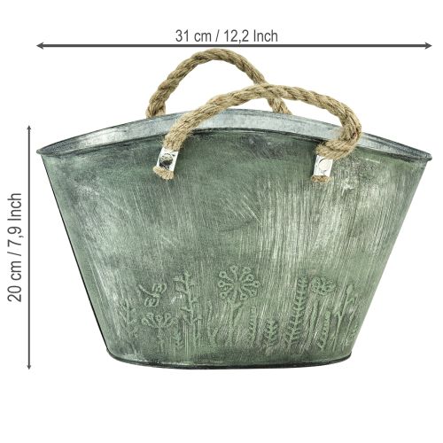 Blumentopf aus Metall mit Jutegriffen im Handtaschen-Design 31×20×17cm Grün | Floristik24.ch