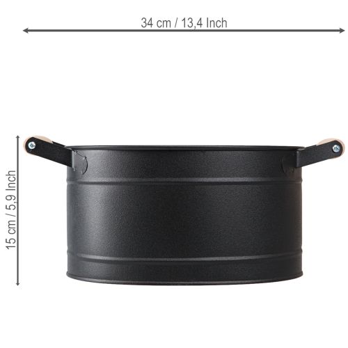 Artikel Blumentopf Metall Oval 34x19,5x15cm Schwarz mit Holzgriffen für Innen- und Aussenbereich