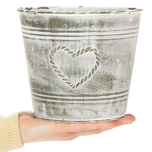 Blumentopf aus Metall Shabby Chic Herz Grau-Weiss Ø17,5cm H15,5cm | Floristik24.ch