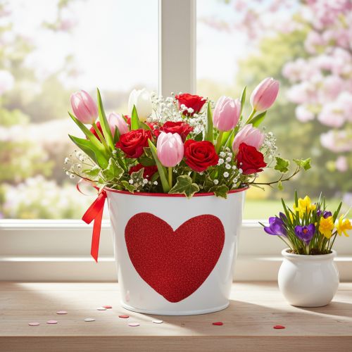 Metall-Blumentopf Weiss mit Herzmotiv Rot Ø13cm H10,5cm für Pflanzen | Floristik24.ch