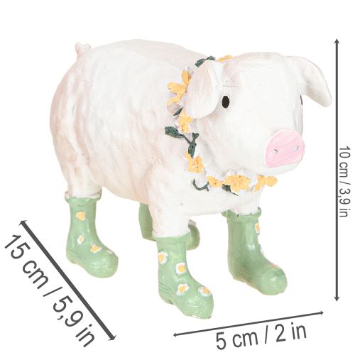 Dekofigur Schwein aus Polyresin mit Blumenkranz und Gummistiefeln 15,5 cm | Floristik24.ch
