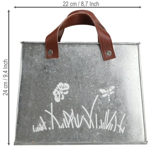 Artikel Deko Tasche Metall Pflanztopf 22cm Silber Weiss Braun mit Schmetterling und Gräser Motiv