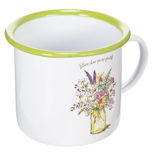 Deko Pflanztopf Tasse aus Metall, emailliert, Ø11,5cm, H10cm, weiss mit Blumenmotiv und Schriftzug