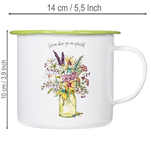 Deko Pflanztopf Tasse aus Metall, emailliert, Ø11,5cm, H10cm, weiss mit Blumenmotiv und Schriftzug | Floristik24.ch