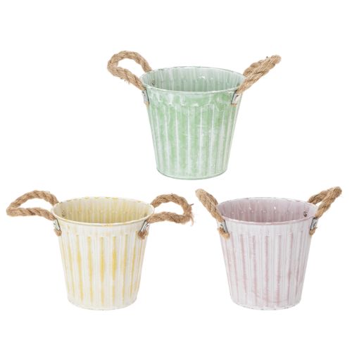 Deko-Topf aus Metall Ø15cm H13,5cm, 3er-Set Pastell Rosa/Grün/Gelb mit Henkeln online kaufen | Floristik24.ch