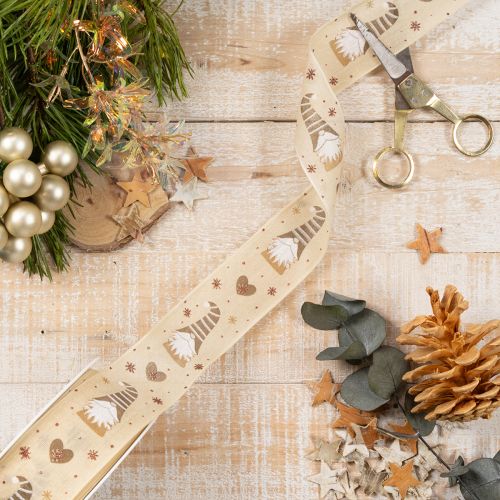 Dekoband Stoff beige mit Wichteln und Herzen 40mm x 15m für Weihnachtsdekoration | Floristik24.ch