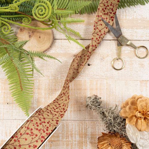 Dekoband Zweige mit roten Glitterbeeren 40mm x 15m Beige-Braun | Floristik24.ch