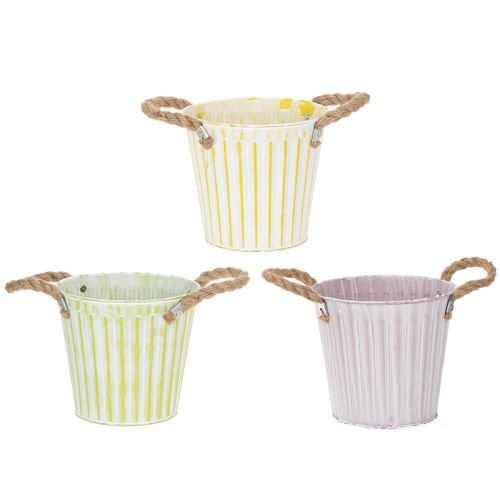 Eimer aus Metall mit Jutekordeln, Übertopf Ø16,5cm H15cm, Rosa/Grün/Gelb im Shabby Chic, 3er-Set online kaufen | Floristik24.ch