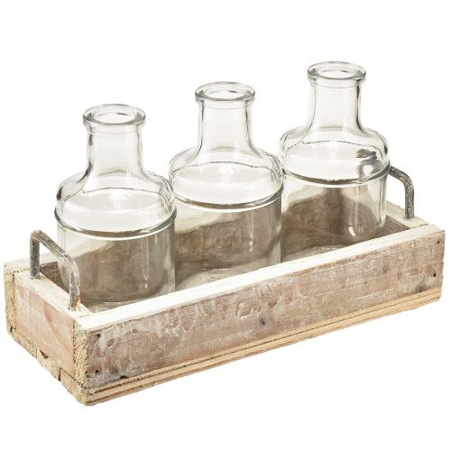Flaschen Deko Glas mit Holz Tablett Vintage 24x9,5x14cm
