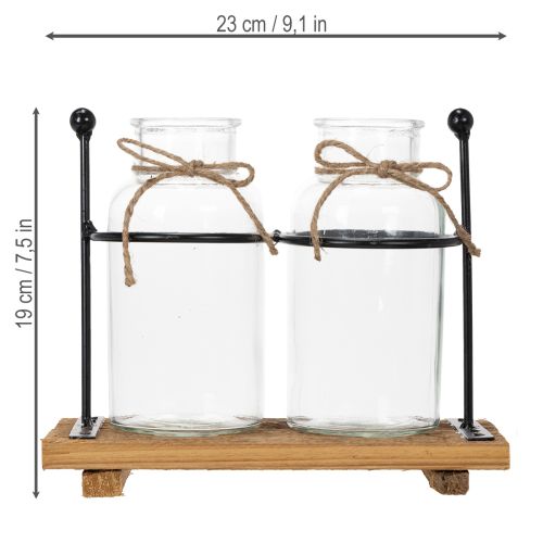 Flaschenvase Glas mit Holzsockel und Metallhalterung 23x12x19,5cm 2 Stück | Floristik24.ch