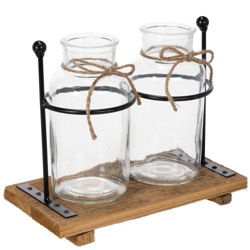 Flaschenvase Glas mit Holzsockel und Metallhalterung 23x12x19,5cm 2 Stück online kaufen | Floristik24.ch