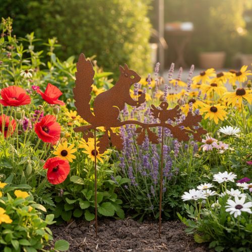 Gartenstecker Eichhörnchen auf Ast aus Metall in Rost-Optik, H42cm, 3er-Set | Floristik24.ch