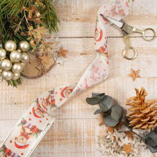 Geschenkband aus Stoff mit Bärenmotiv 40mm x 15m in Creme, Rot und Grün für Weihnachtsdekoration | Floristik24.ch